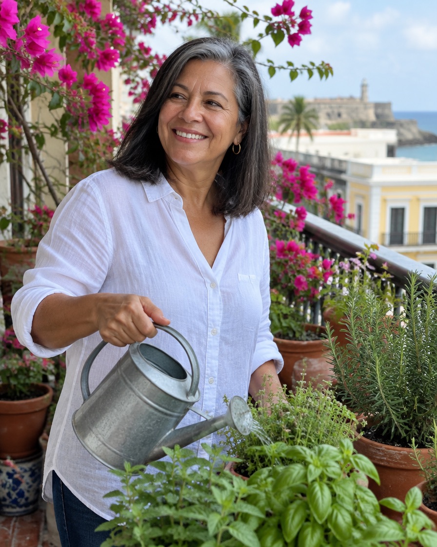 Mujer de unos 56 años riega sus plantas en un balcón con buganvilias