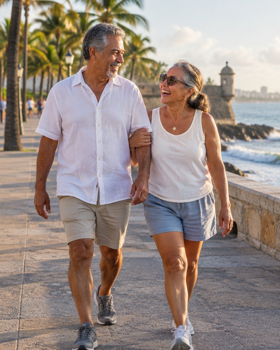 Pareja de unos 60 años camina riendo por un paseo junto al mar en San Juan