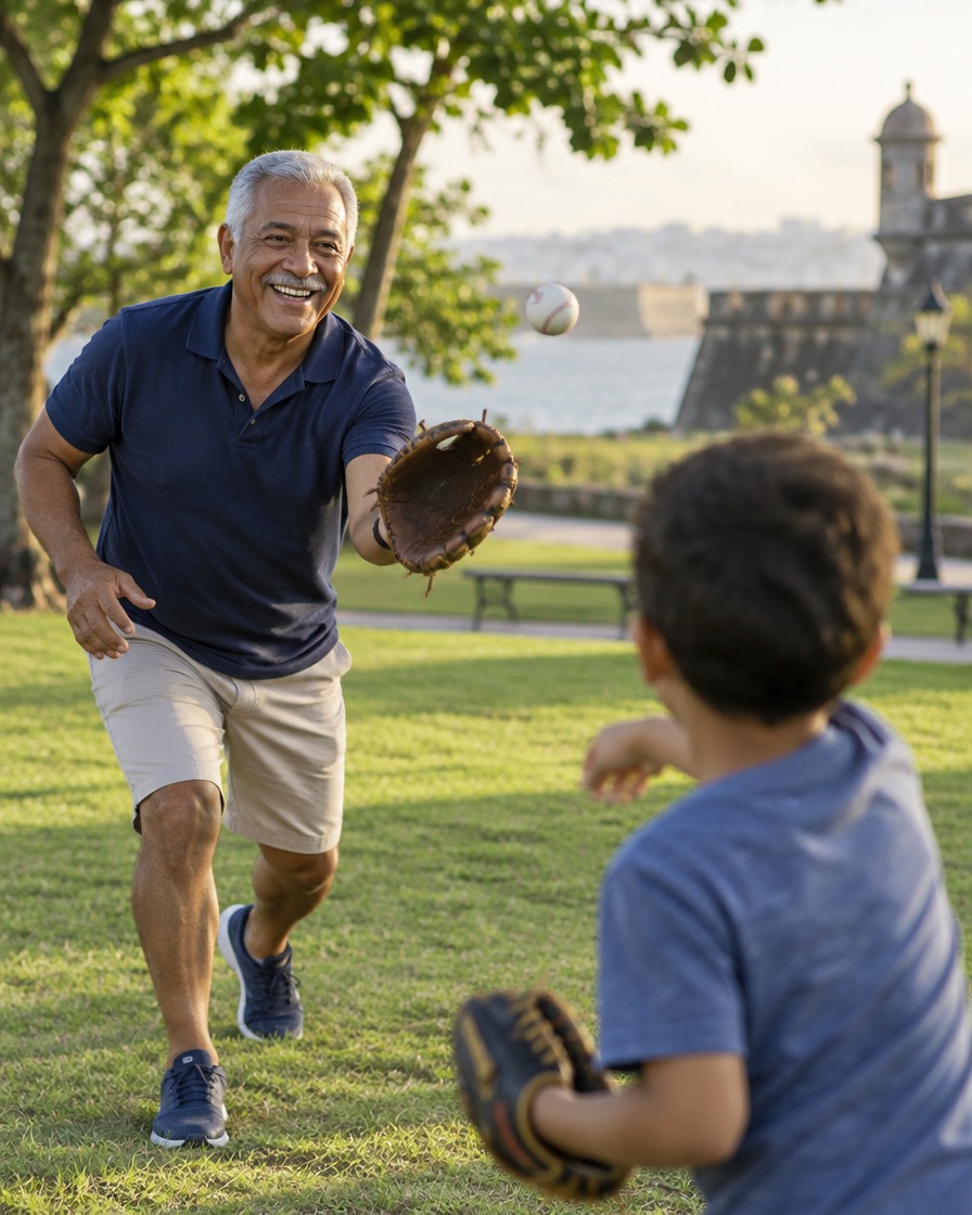 Abuelo de unos 62 años juega a la pelota con su nieto en un parque