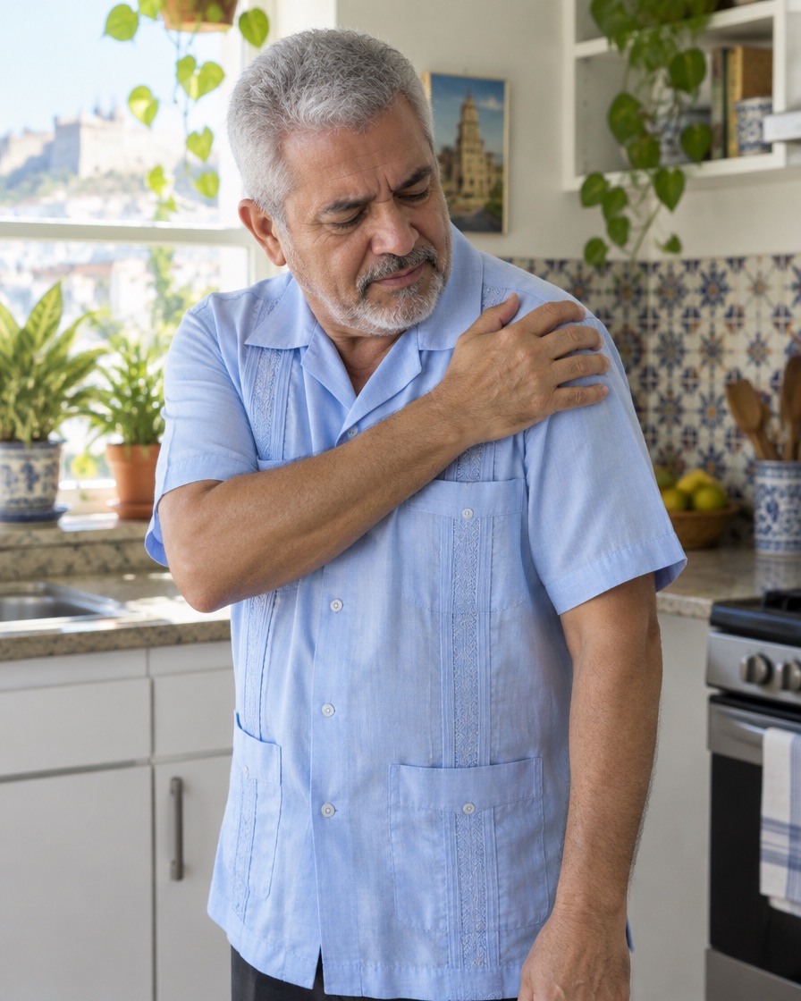 Hombre de unos 60 años en su cocina se sostiene el hombro adolorido